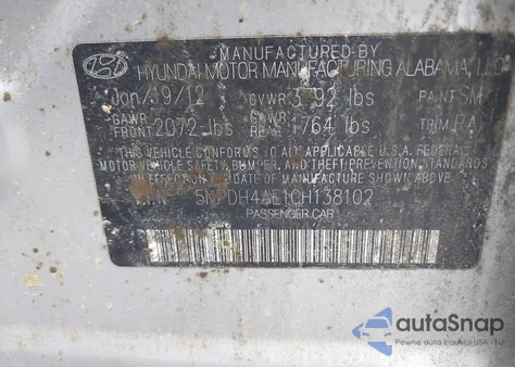 2012 Hyundai Elantra Gls из США, поврежденный, VIN 5NPDH4AE1CH138102